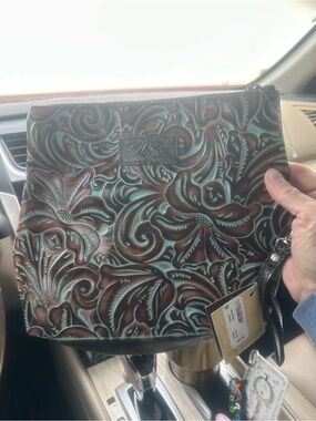 Tooled Floral Leather Wristlet Clutch - Turquoise Brown